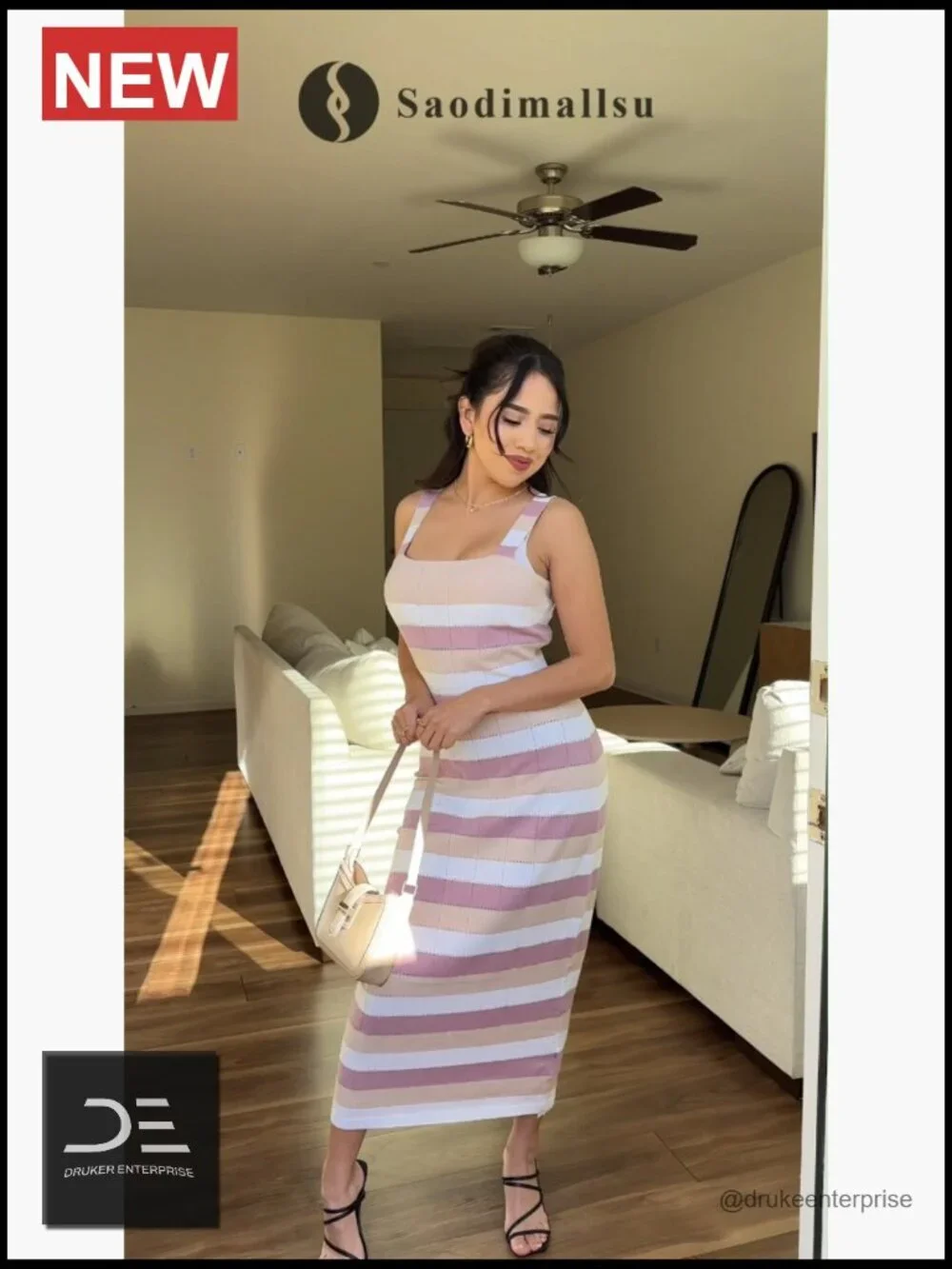 Striped Square Neck Sleeveless Bodycon Knit Midi Dress
